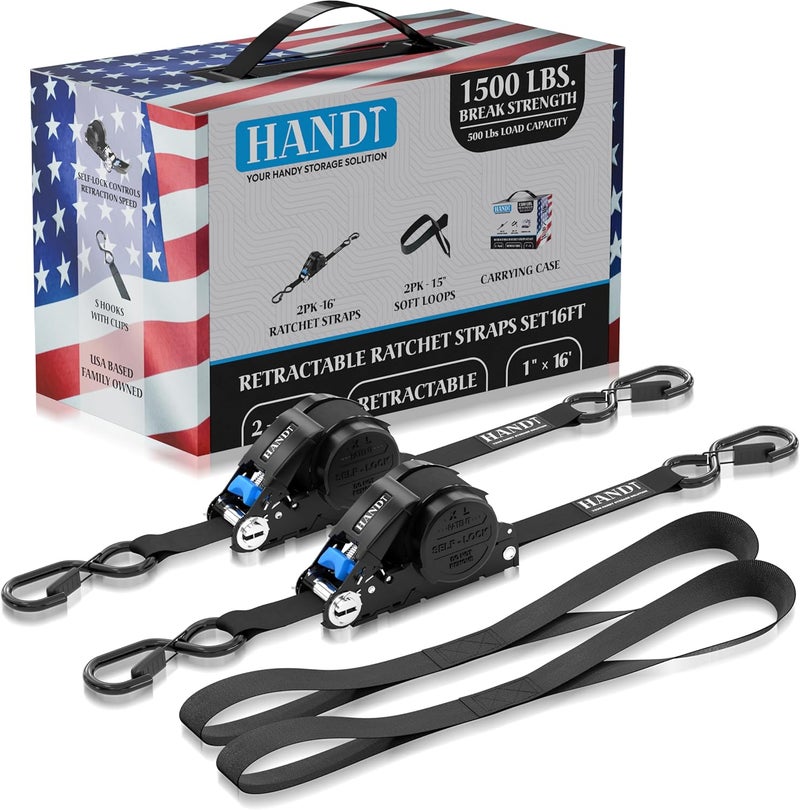 HANDT USA Based Retractable Ratchet Straps (2PK) 1in x 16ft - 1,500lb Break Strength, Heavy Duty Automatic Ratchet Straps Self Retractable Tie Down, Push Button Retracting Truck Trailer Cargo | Black - Image 1